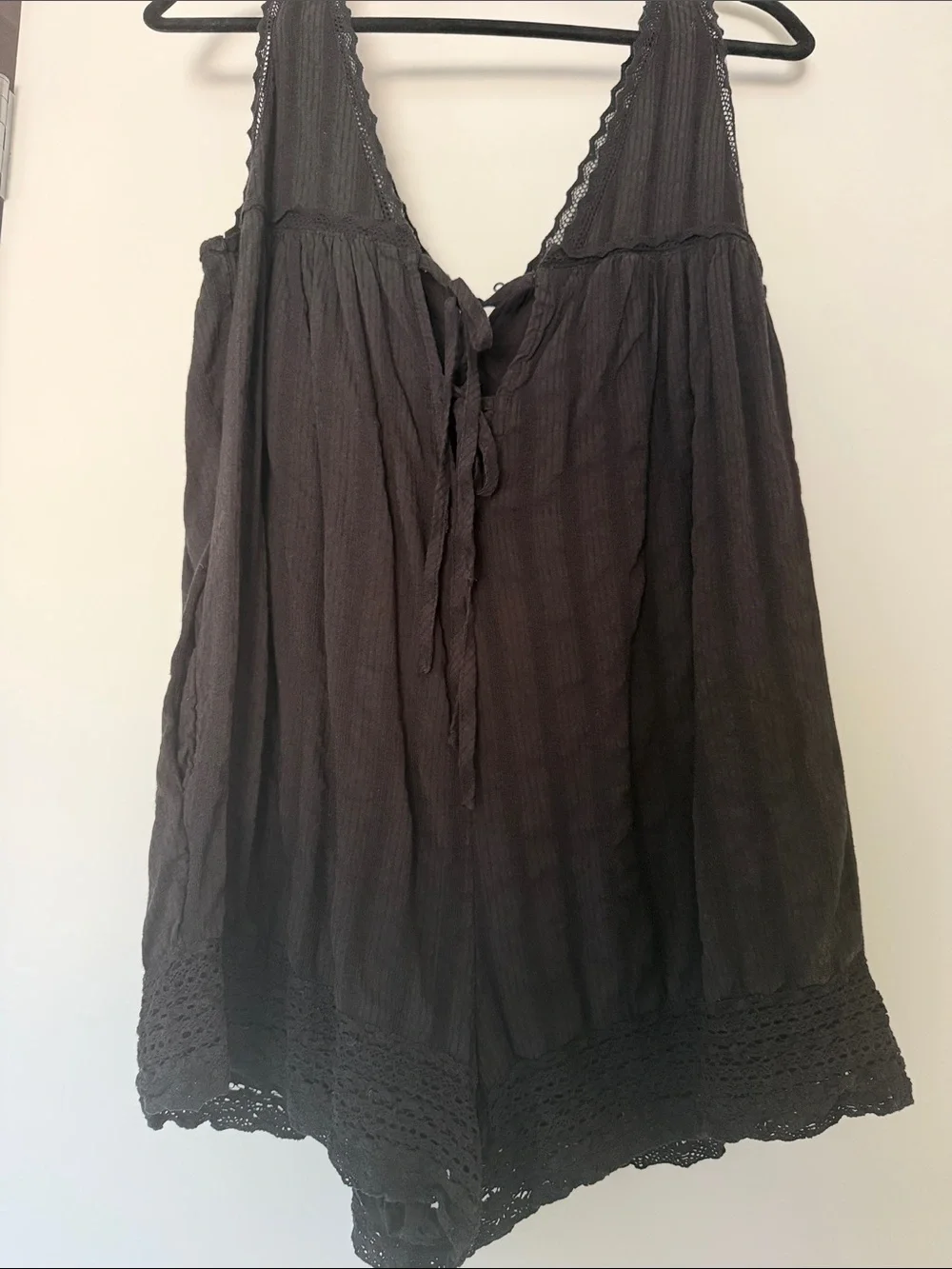 Free People Black Lace-Trim Cotton Romper